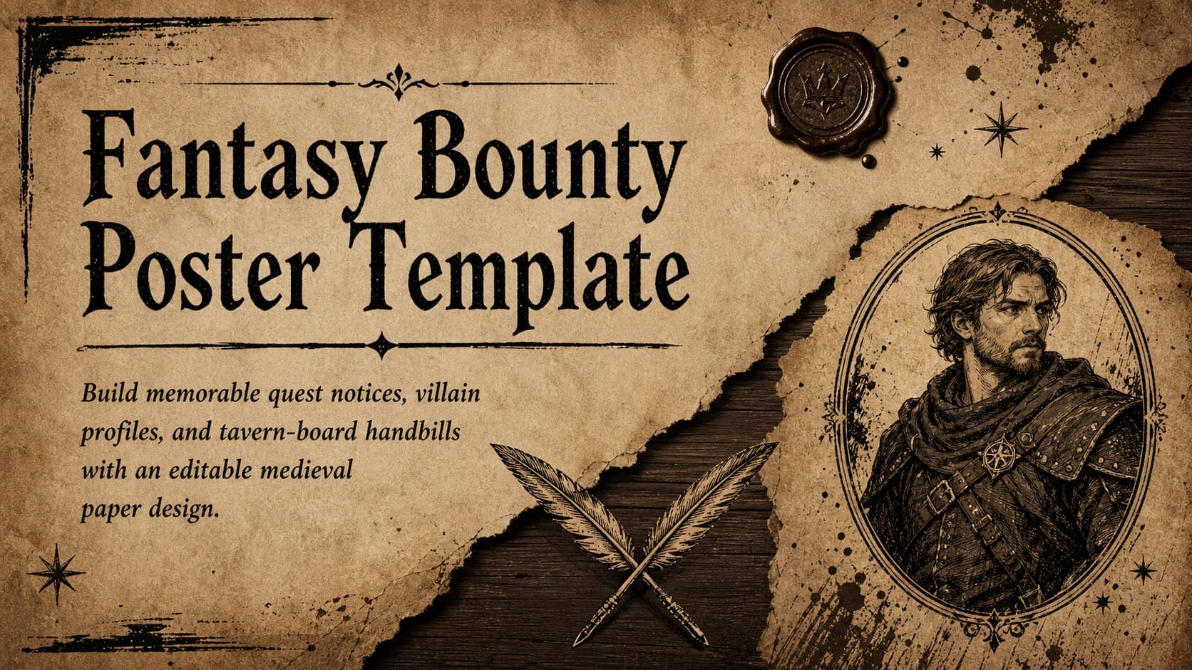 Cover of a Fantasy Bounty Poster Template featuring an original outlaw portrait on weathered brown paper.
