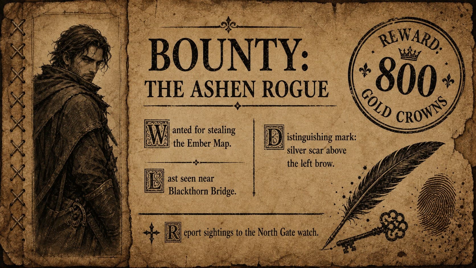 Editable RPG bounty poster presenting an original rogue profile, identifying clues, and a reward.