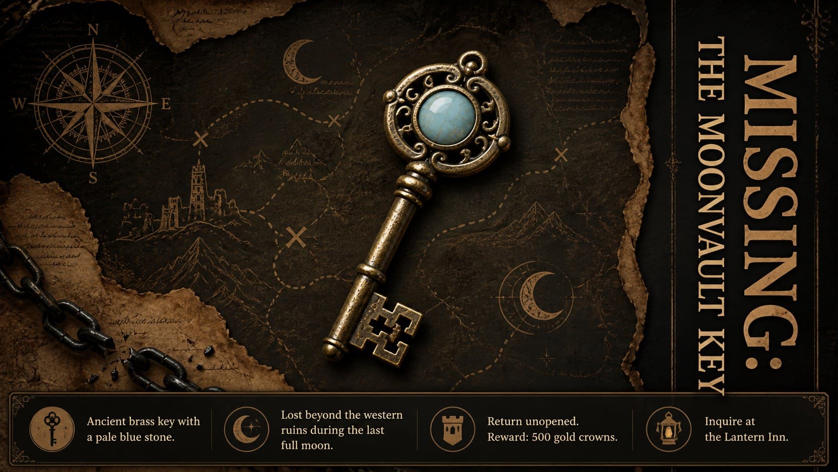 Medieval quest poster deck layout announcing a missing magical artifact with location and reward details.