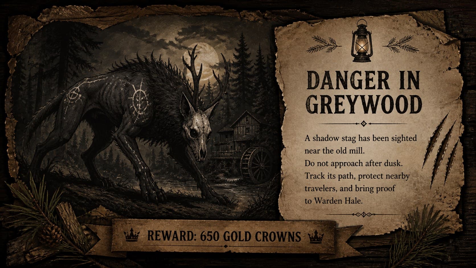 Fantasy wanted notice slide warning players about an original forest creature and listing a quest reward.