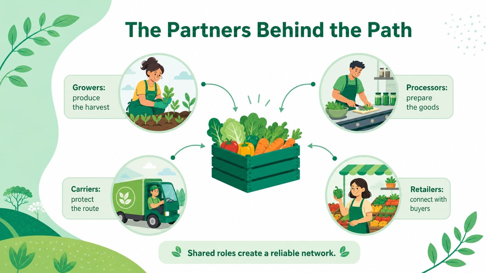 Agricultural logistics presentation slide explaining the main partners involved in moving produce to market.