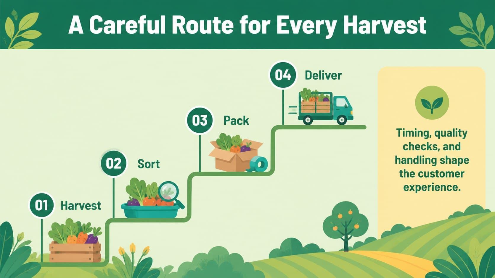Crop distribution process slide using an illustrated timeline to show how harvested products are handled and delivered.