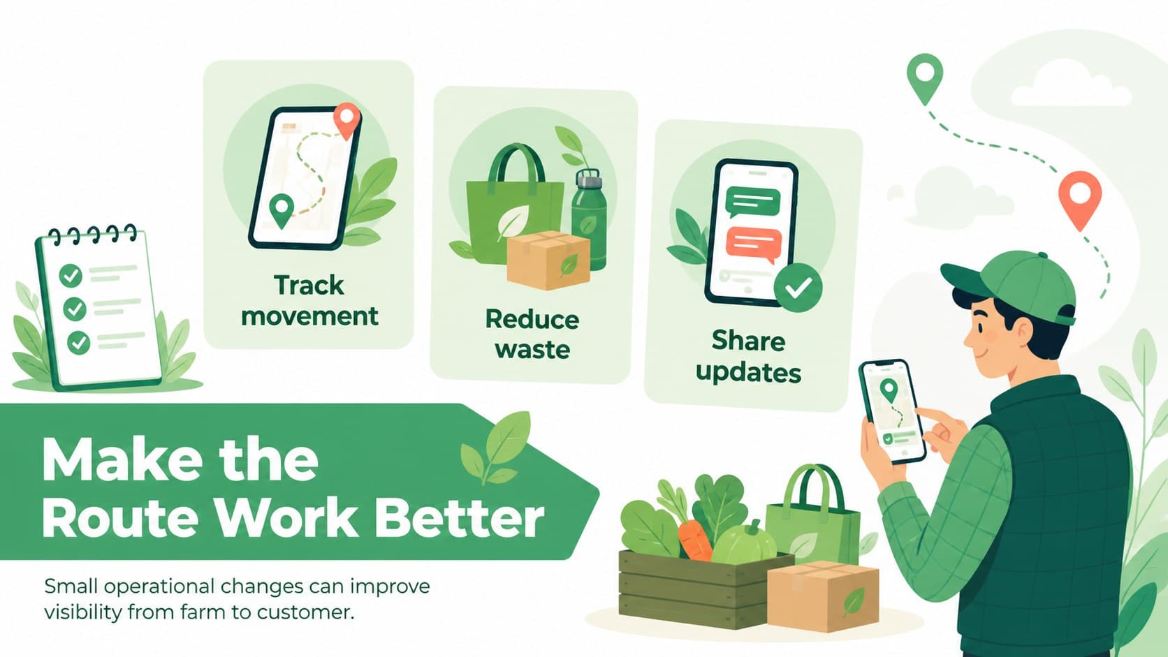 Farm-to-customer slide showing practical improvements for a more efficient and transparent food distribution network.