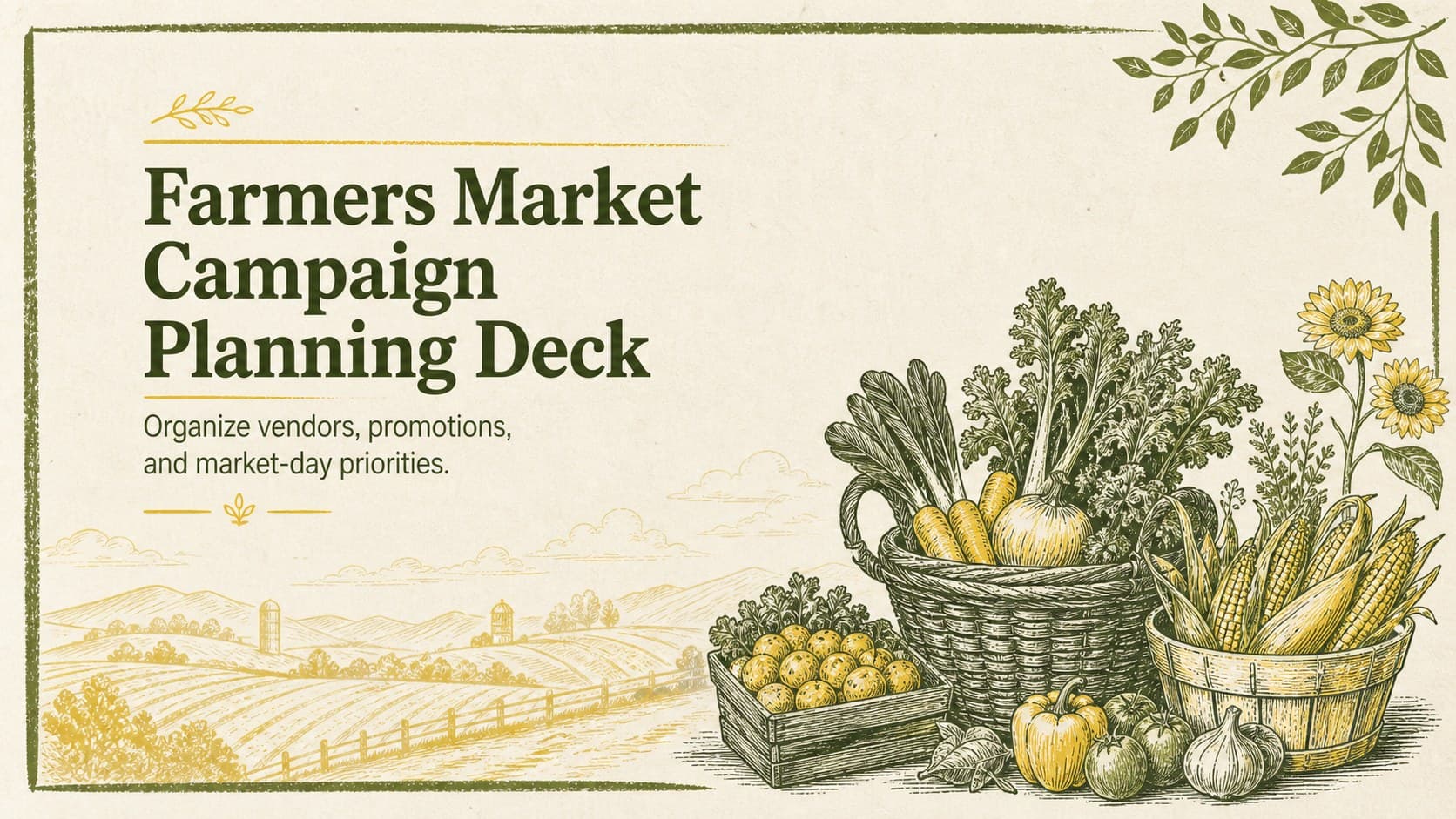 Cover of a farmers market campaign planning deck with illustrated vegetables in a yellow and green rustic layout.