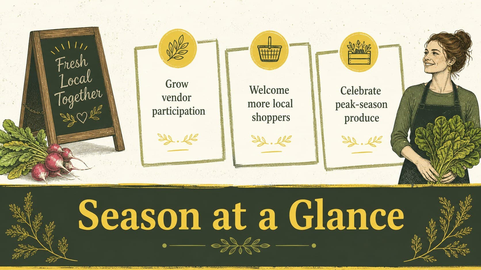 Season overview slide for a farmers market campaign with illustrated produce and three planning priorities.