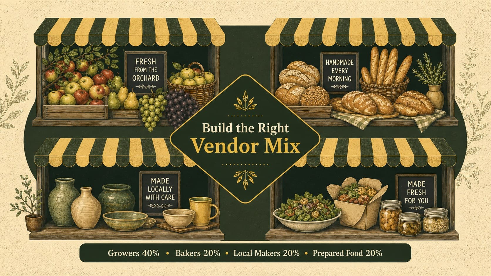 Vendor mix planning slide with categories for growers, bakers, makers, and prepared food sellers.