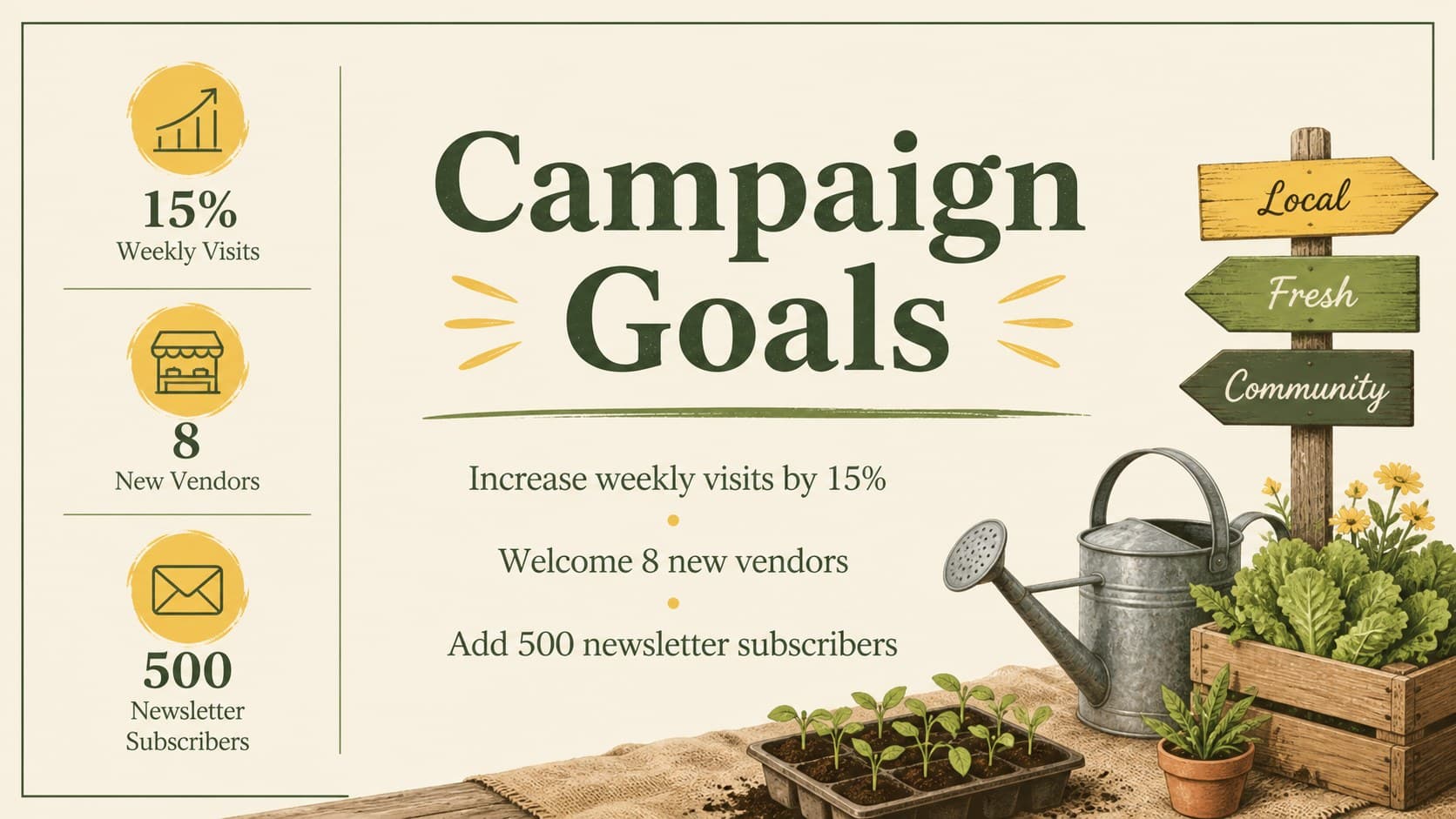 Campaign goals slide presenting measurable targets for market visits, vendors, and newsletter growth.