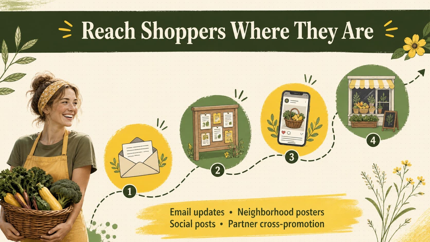 Farmers market outreach strategy slide mapping email, posters, social posts, and partner promotion.