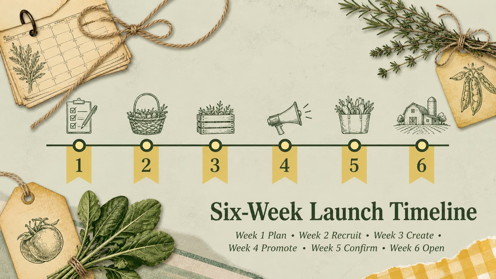 Six-week timeline slide for launching a seasonal farmers market marketing plan.