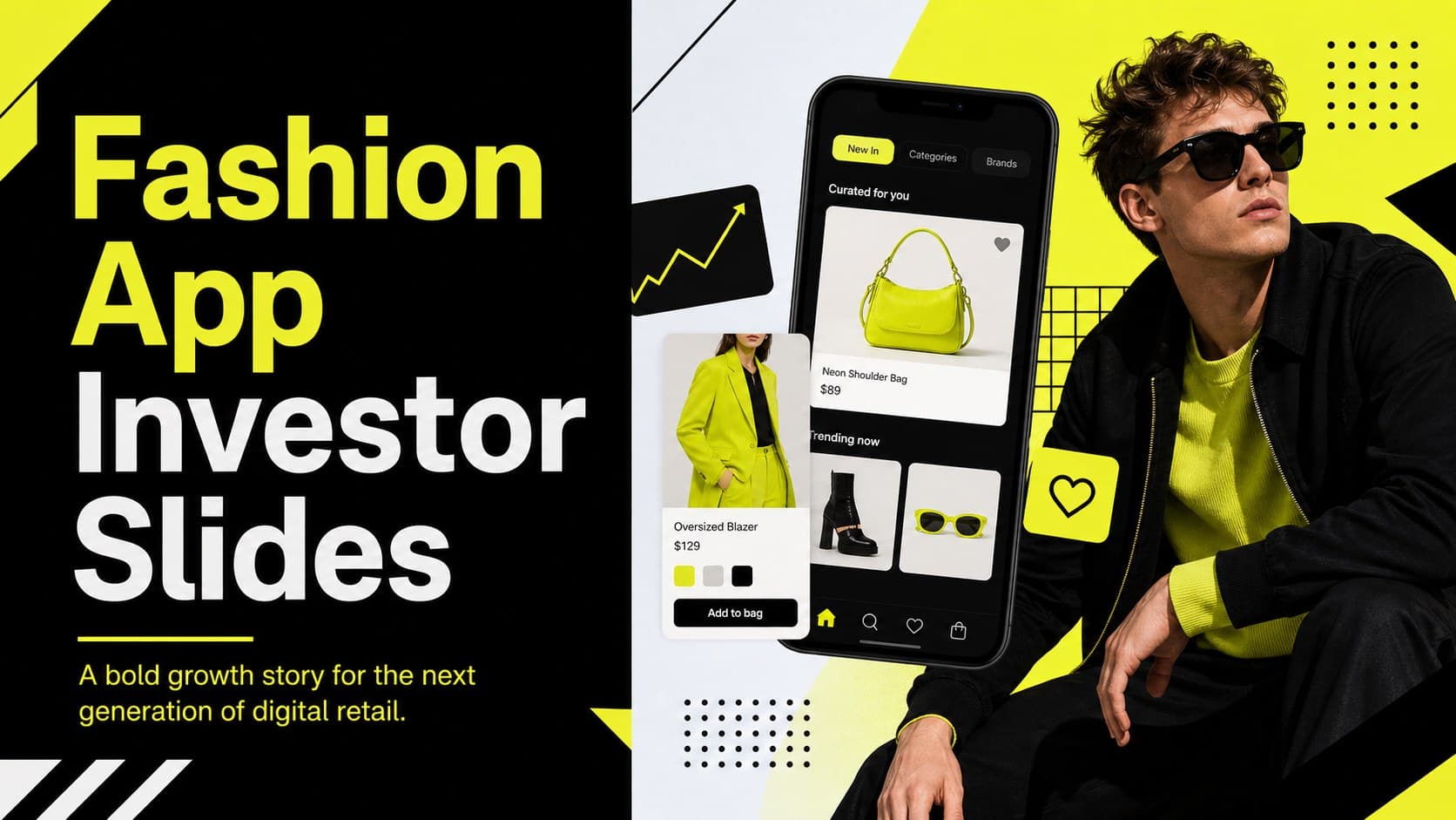Cover slide for fashion app investor slides with a bold yellow-and-black retail startup identity.