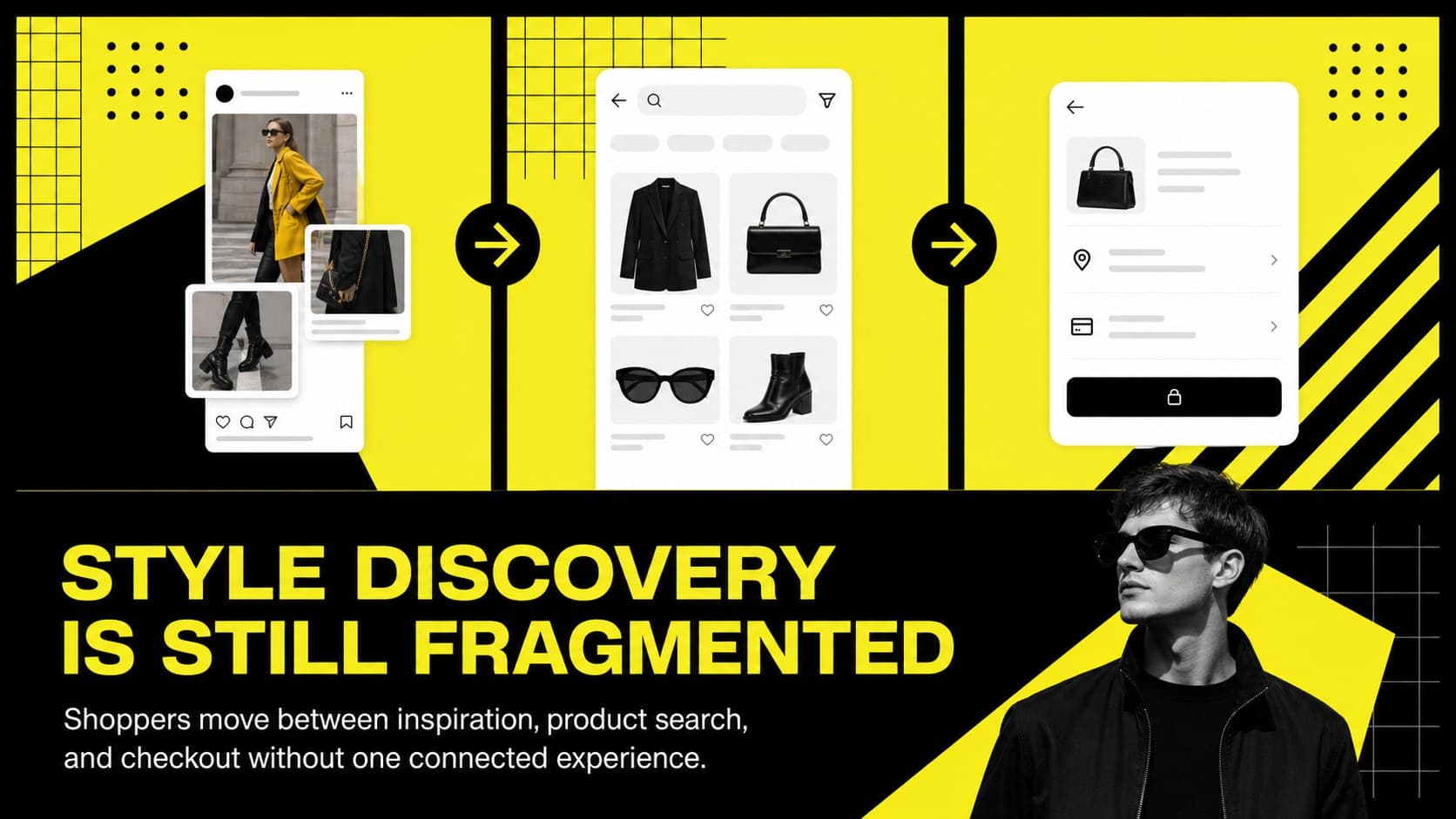 Fashion ecommerce investor presentation slide defining the customer problem with bold editorial typography.