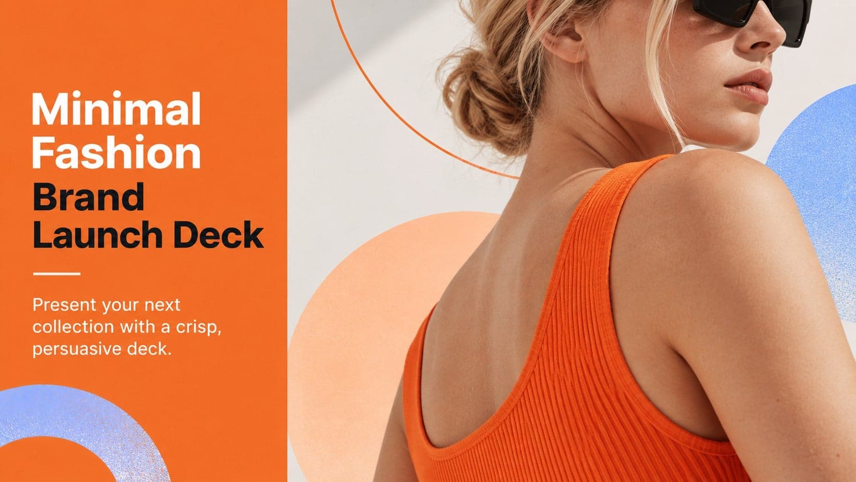 Cover slide for a minimal fashion brand launch deck with bold orange and blue editorial styling.