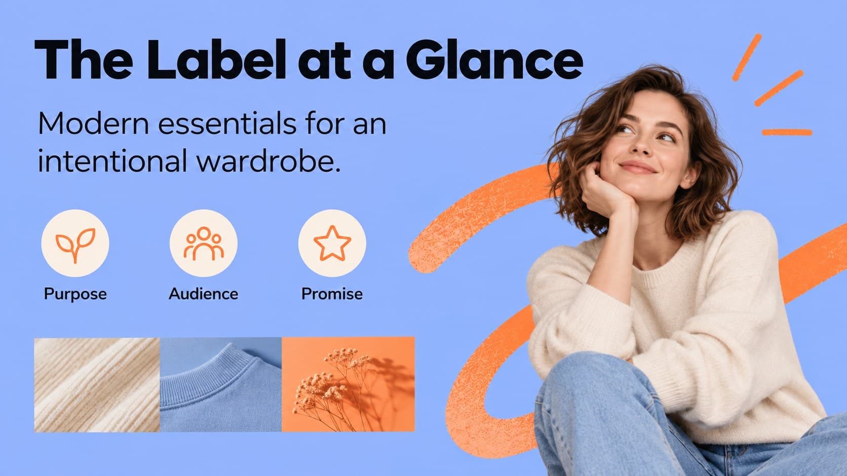 Fashion brand overview slide introducing the label concept with orange and blue visual blocks.