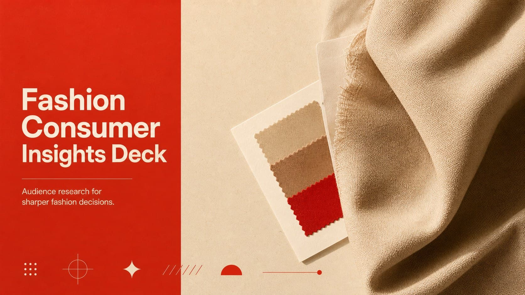 Cover slide for a fashion consumer insights deck with an elegant beige background and red editorial accents.