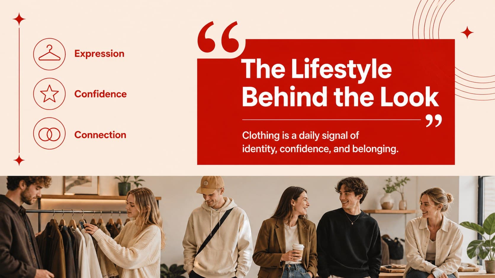 Lifestyle profile slide presenting fashion customer motivations through editorial text and image areas.