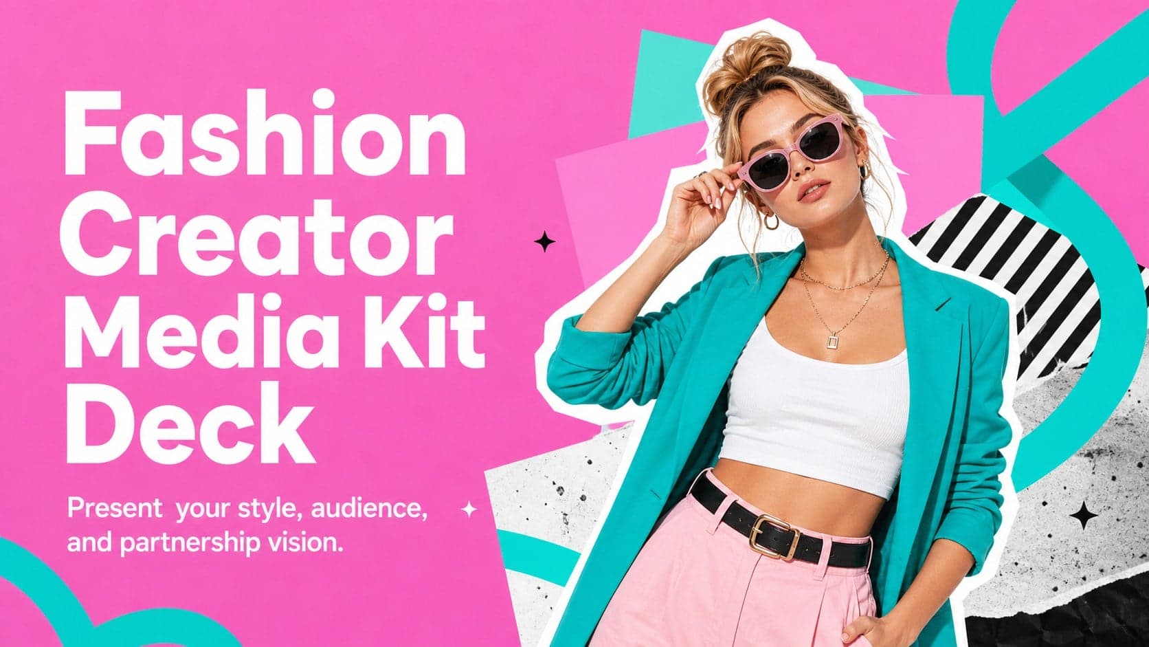 Cover slide for a fashion creator media kit deck with bright pink and teal editorial styling.