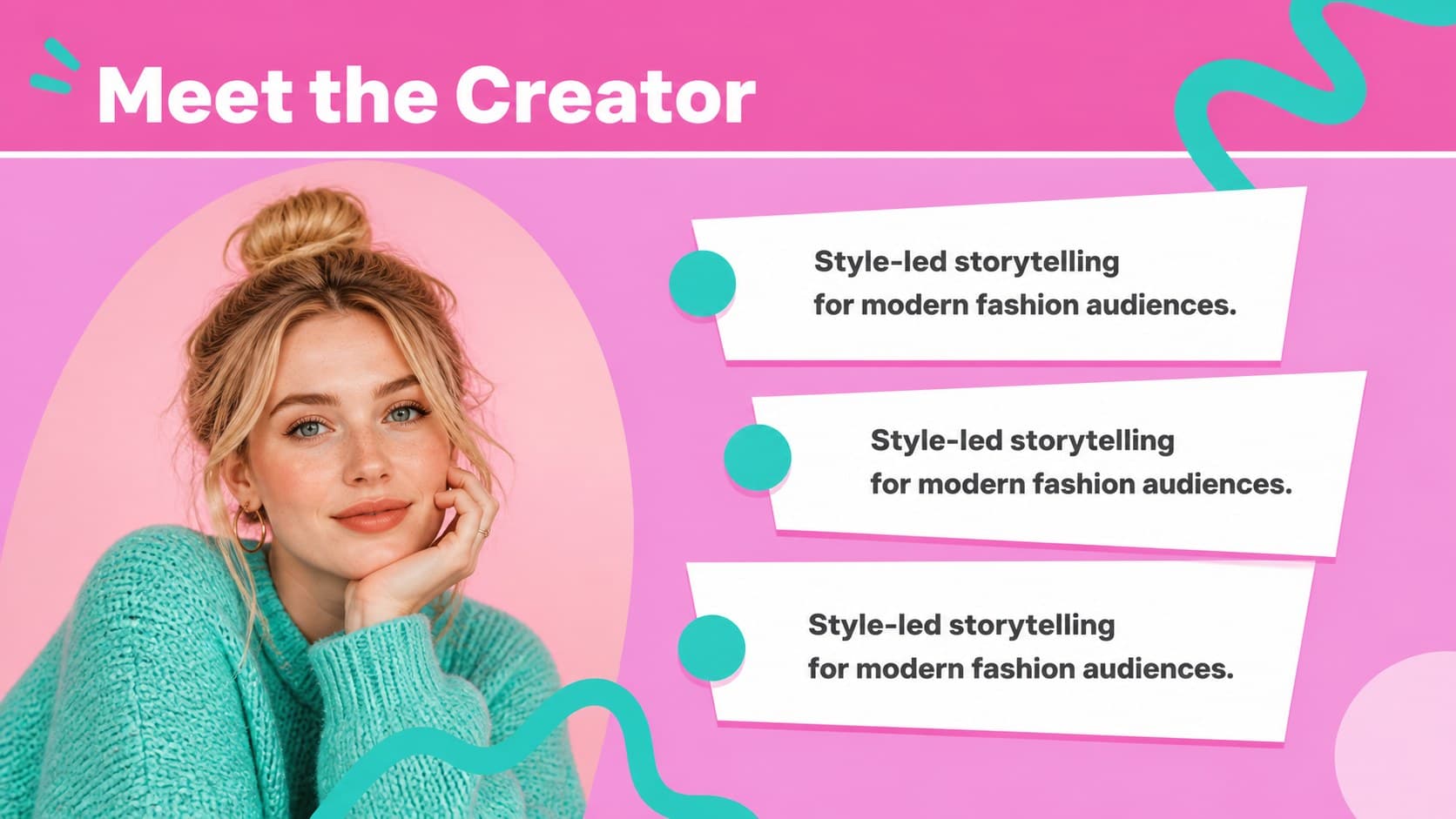Fashion creator introduction slide presenting a personal profile and content identity.
