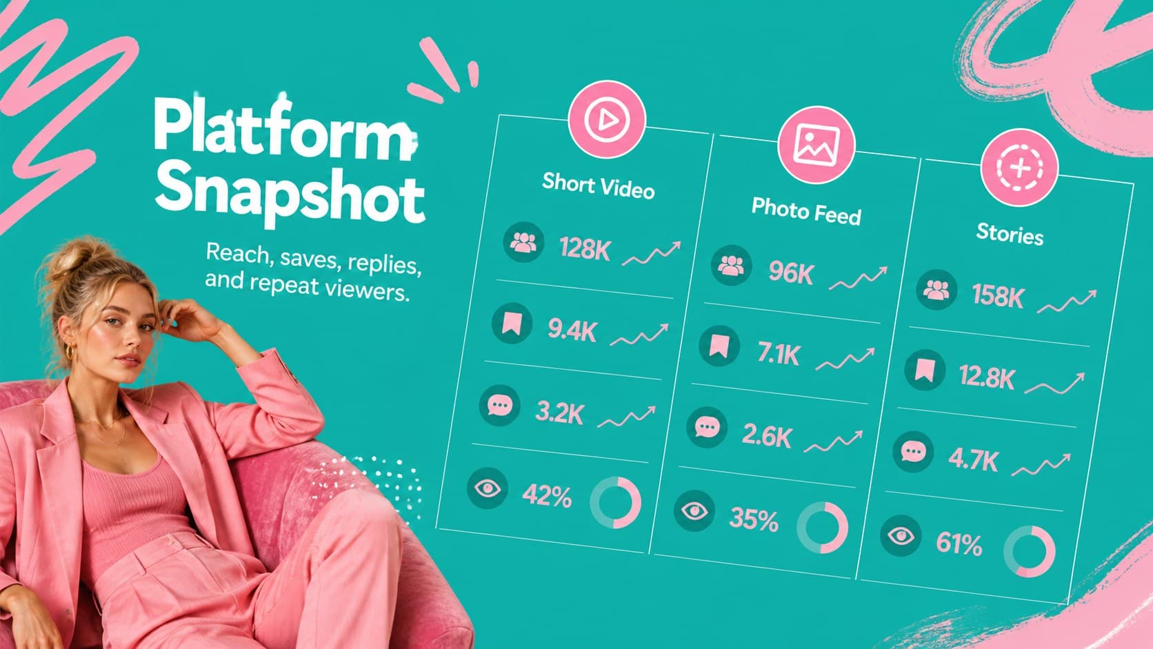 Platform reach slide comparing social channels and audience engagement metrics.