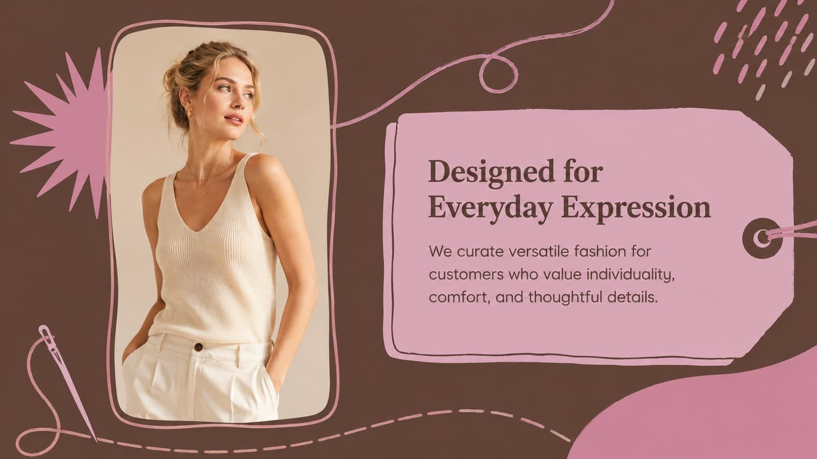 Online boutique brand introduction slide with an editorial statement, product photo frame, and playful pink doodles.