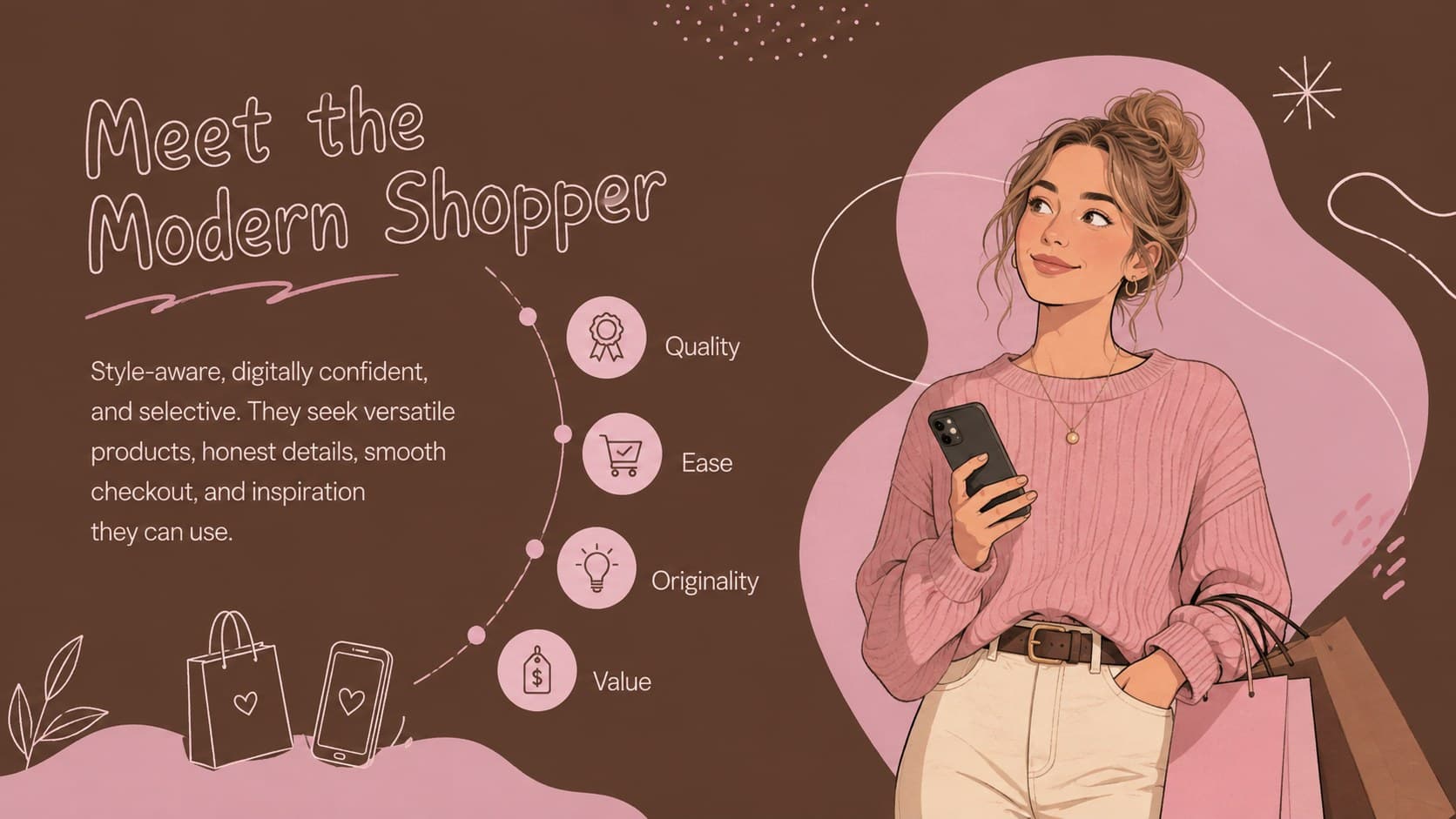 Fashion retail audience profile slide showing shopper priorities and behaviors with minimalist doodle accents.