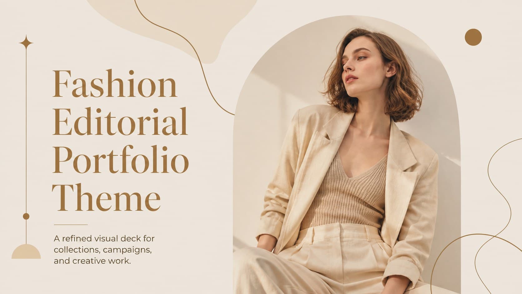 Cover slide for a fashion editorial portfolio theme with an abstract warm-toned fashion image and refined title treatment.
