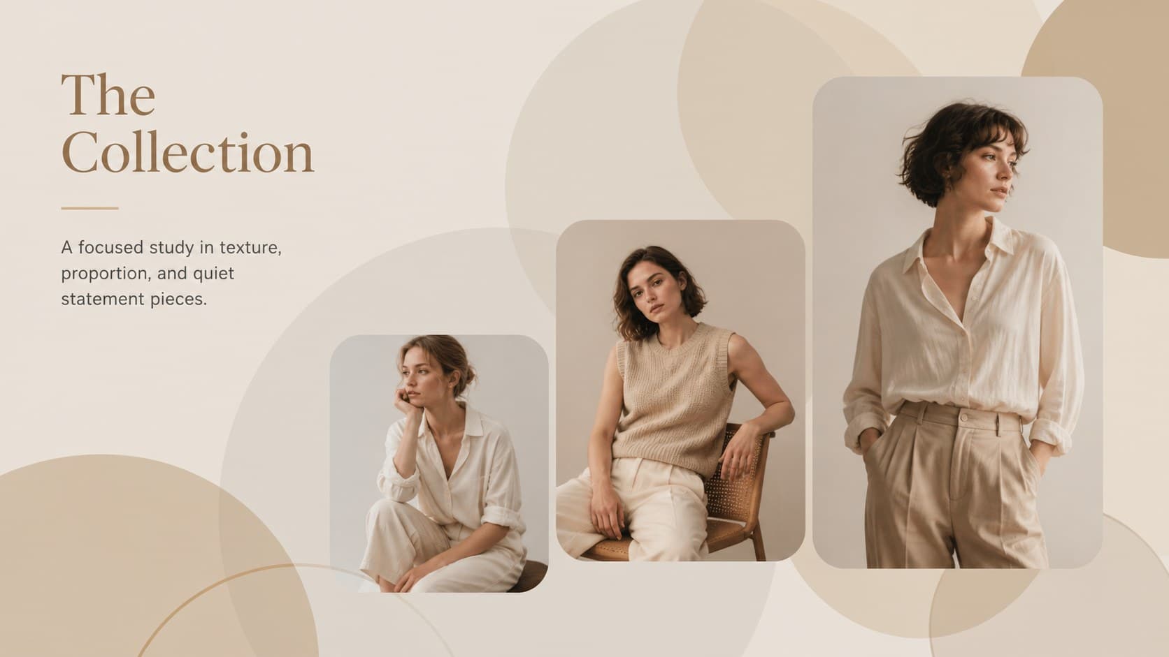 Editorial lookbook slide presenting a fashion collection concept with layered imagery and warm abstract accents.
