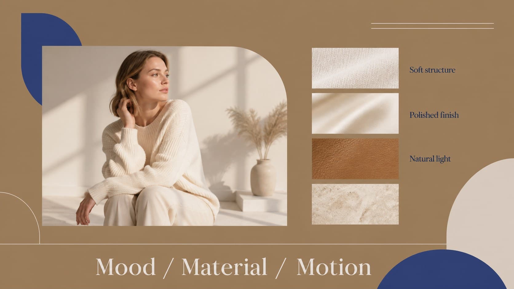 Fashion campaign mood board slide with an image grid, material notes, and editorial styling references.
