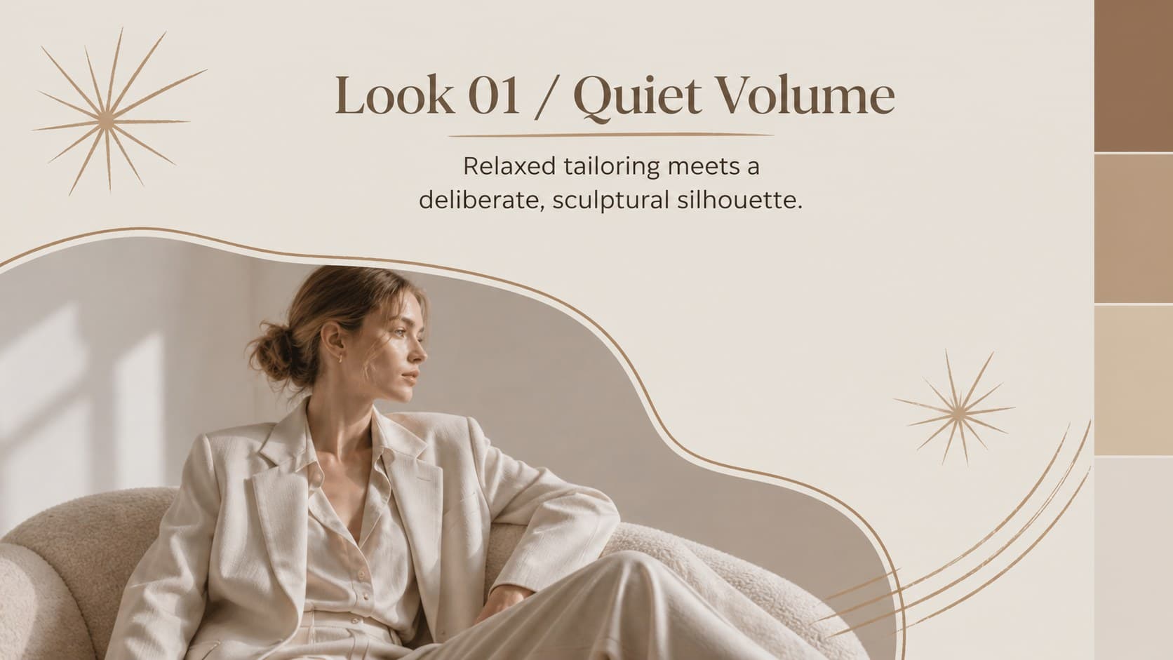 Fashion collection feature slide showing one hero look with descriptive editorial copy and abstract framing.