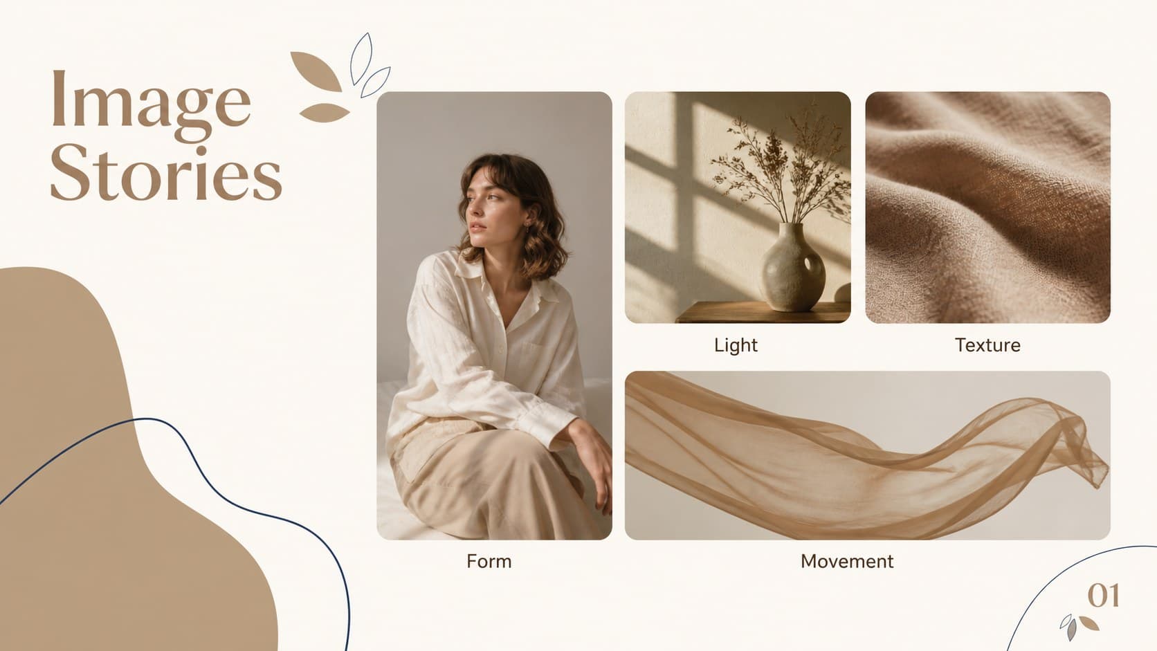 Fashion photography portfolio grid slide with four curated images and short captions for a creative project.