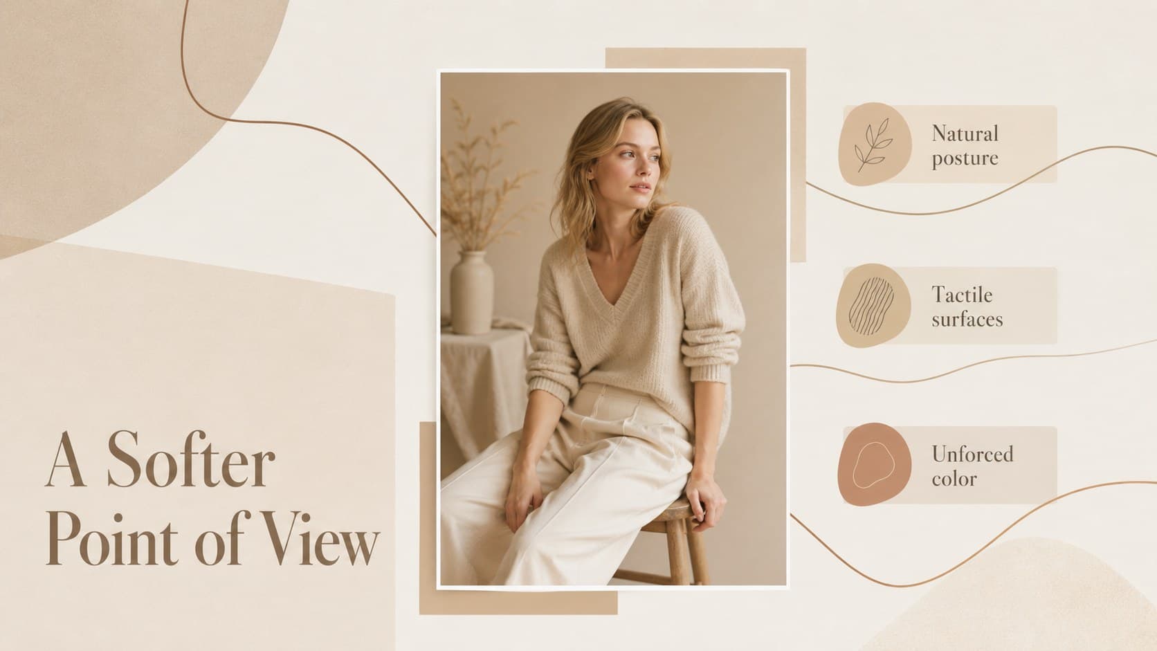 Creative direction slide for a fashion campaign with a bold statement, portrait image, and supporting notes.