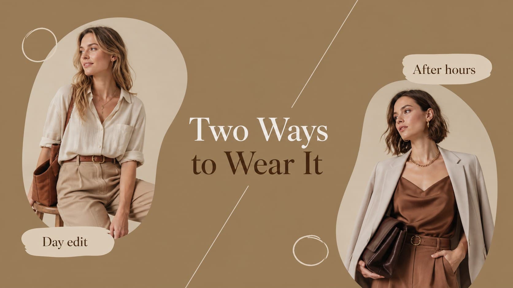 Fashion lookbook comparison slide contrasting two styled looks with concise details and warm editorial design.