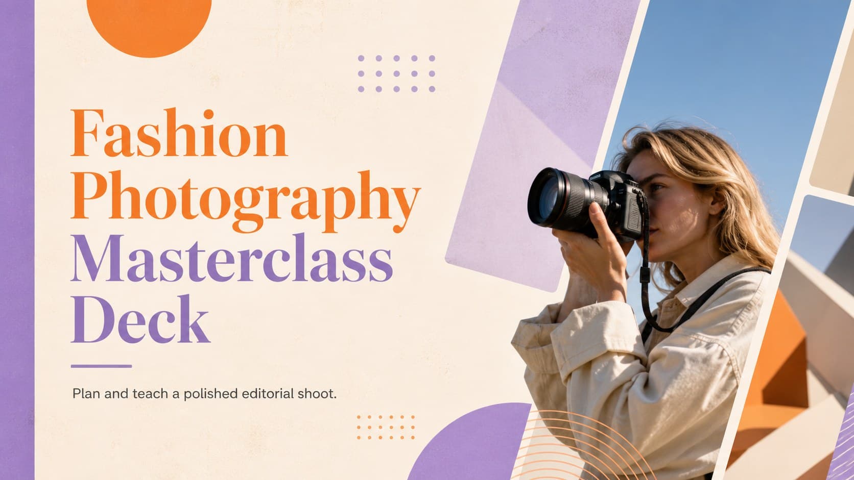 Cover of a Fashion Photography Masterclass Deck with editorial portraits, purple and orange accents, and modern grid typography.