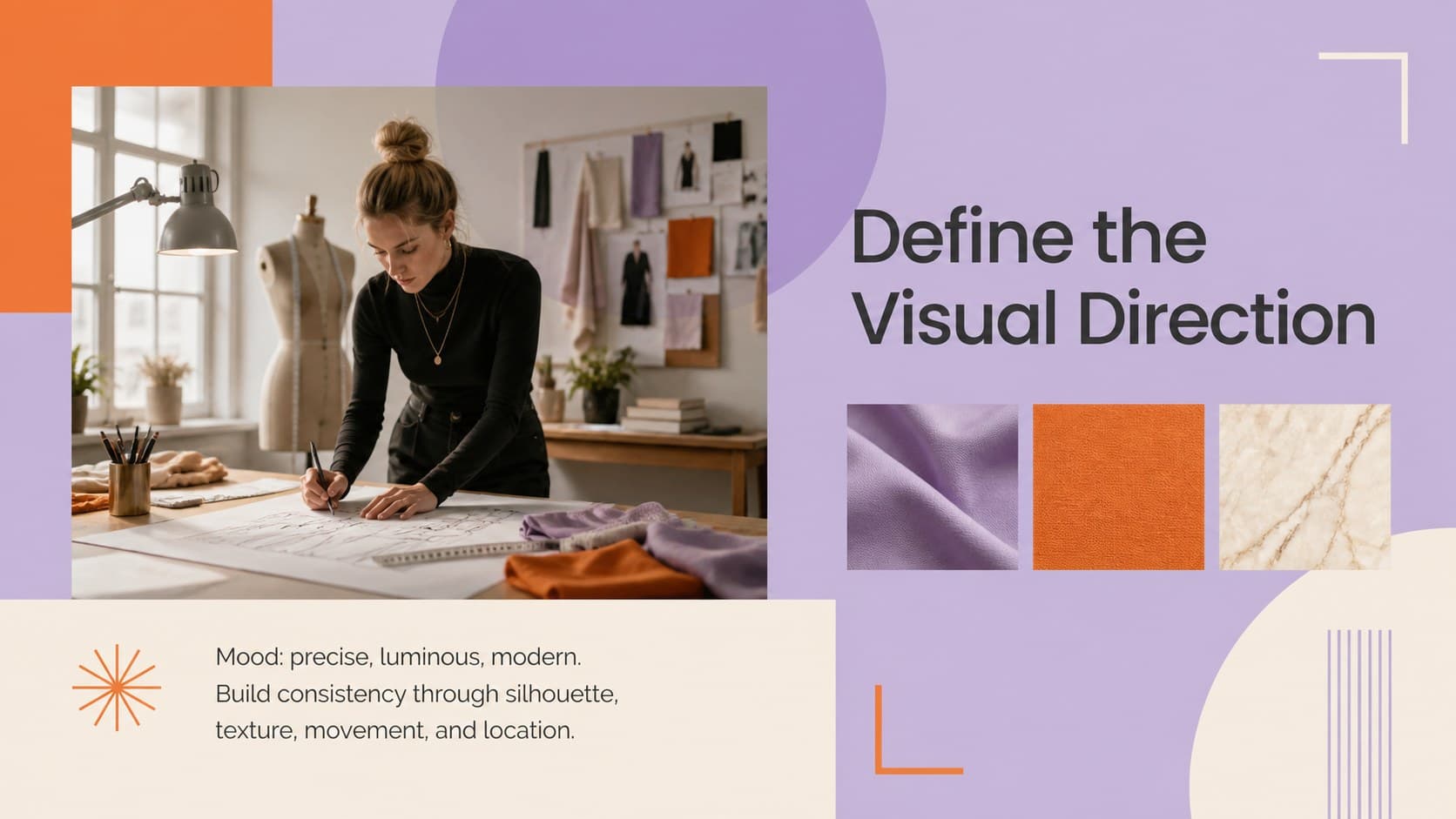 Fashion shoot planning presentation slide with visual direction, mood words, and editorial image references.