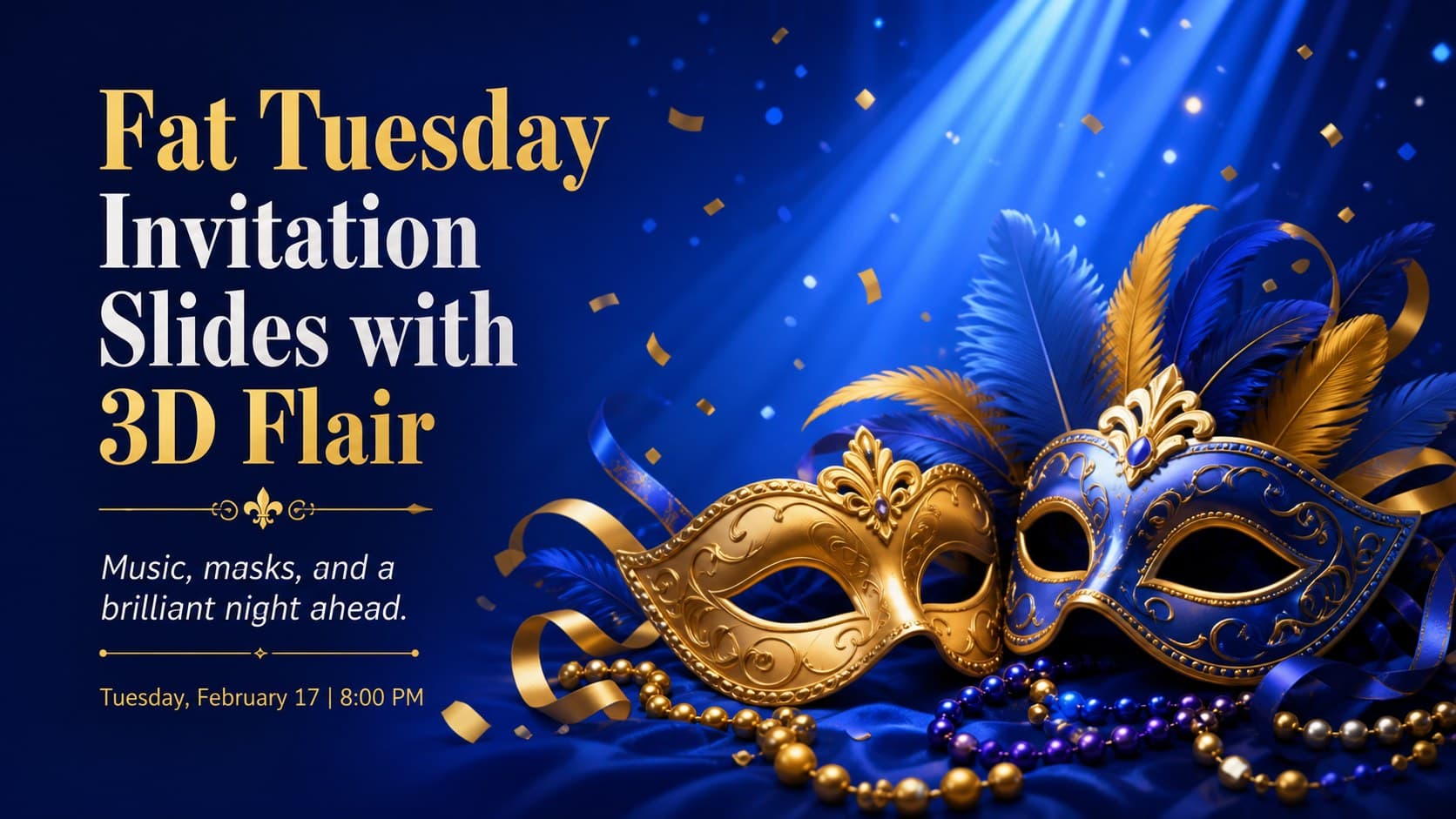 Fat Tuesday invitation slides cover with vivid blue gradients, dimensional carnival masks, beads, and festive event typography.