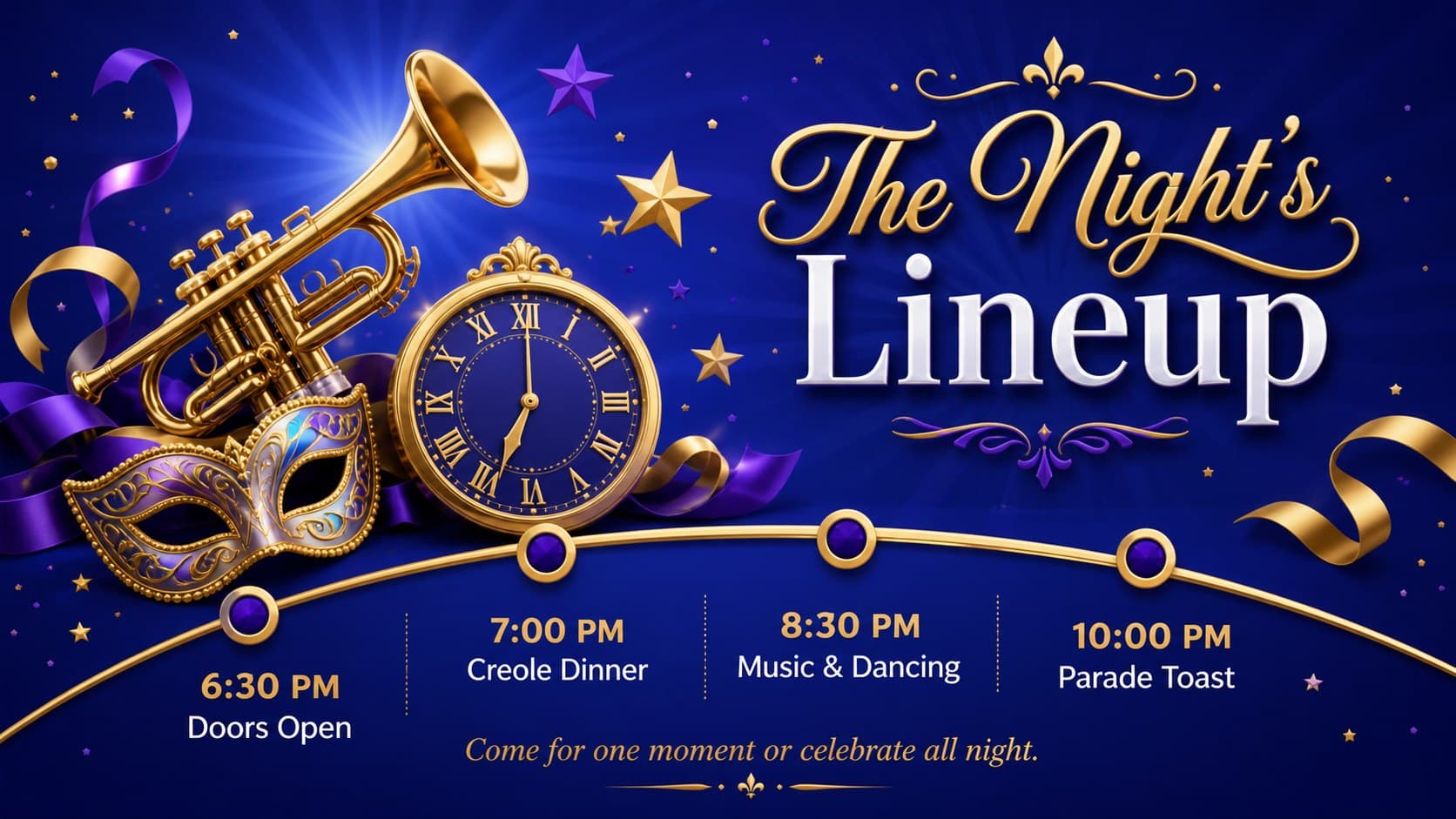 Blue carnival invitation template showing a festive Fat Tuesday schedule with music, dinner, and parade times.