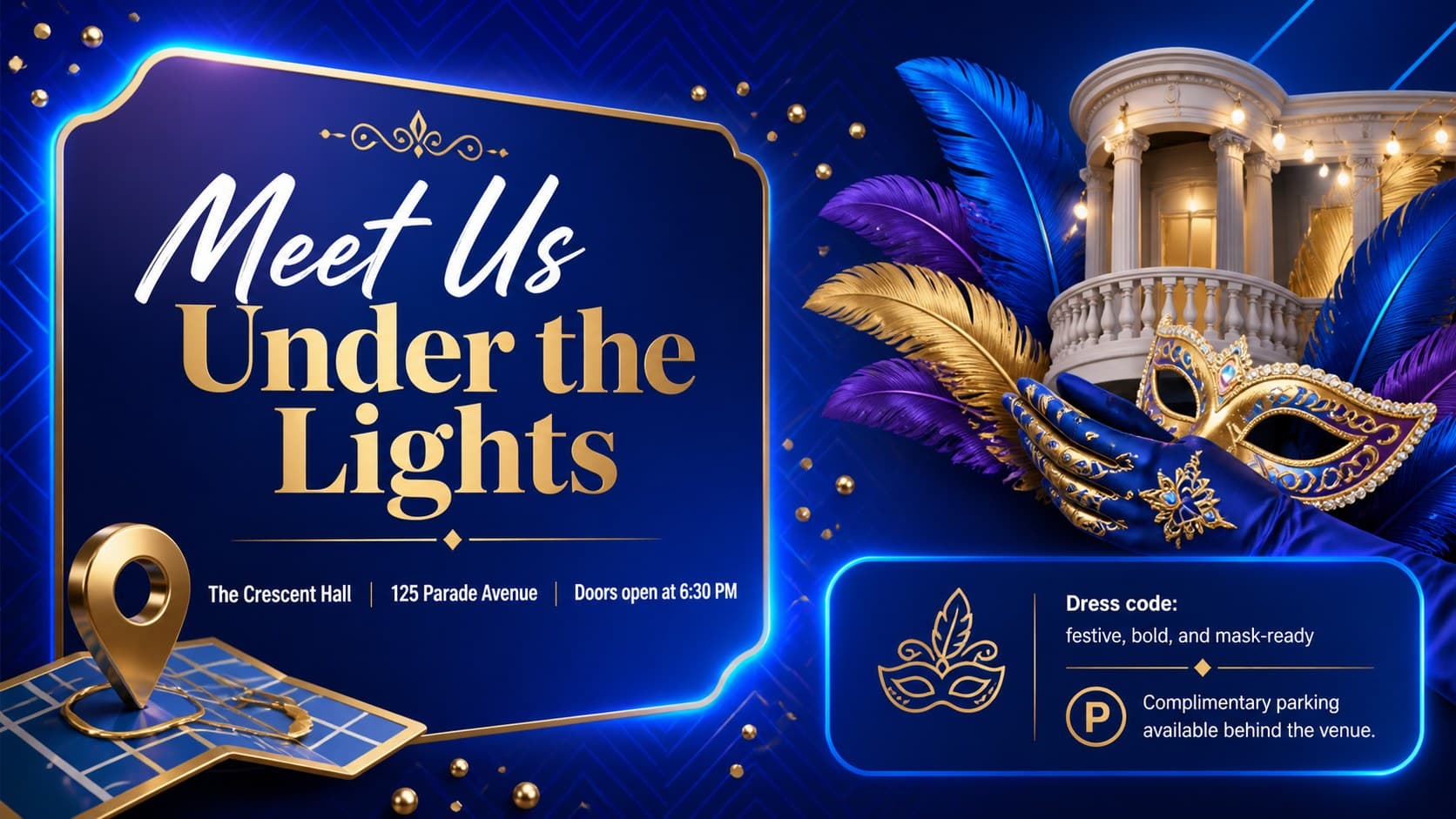 Editable Mardi Gras party invitation slide presenting venue, arrival, and masquerade dress code details.