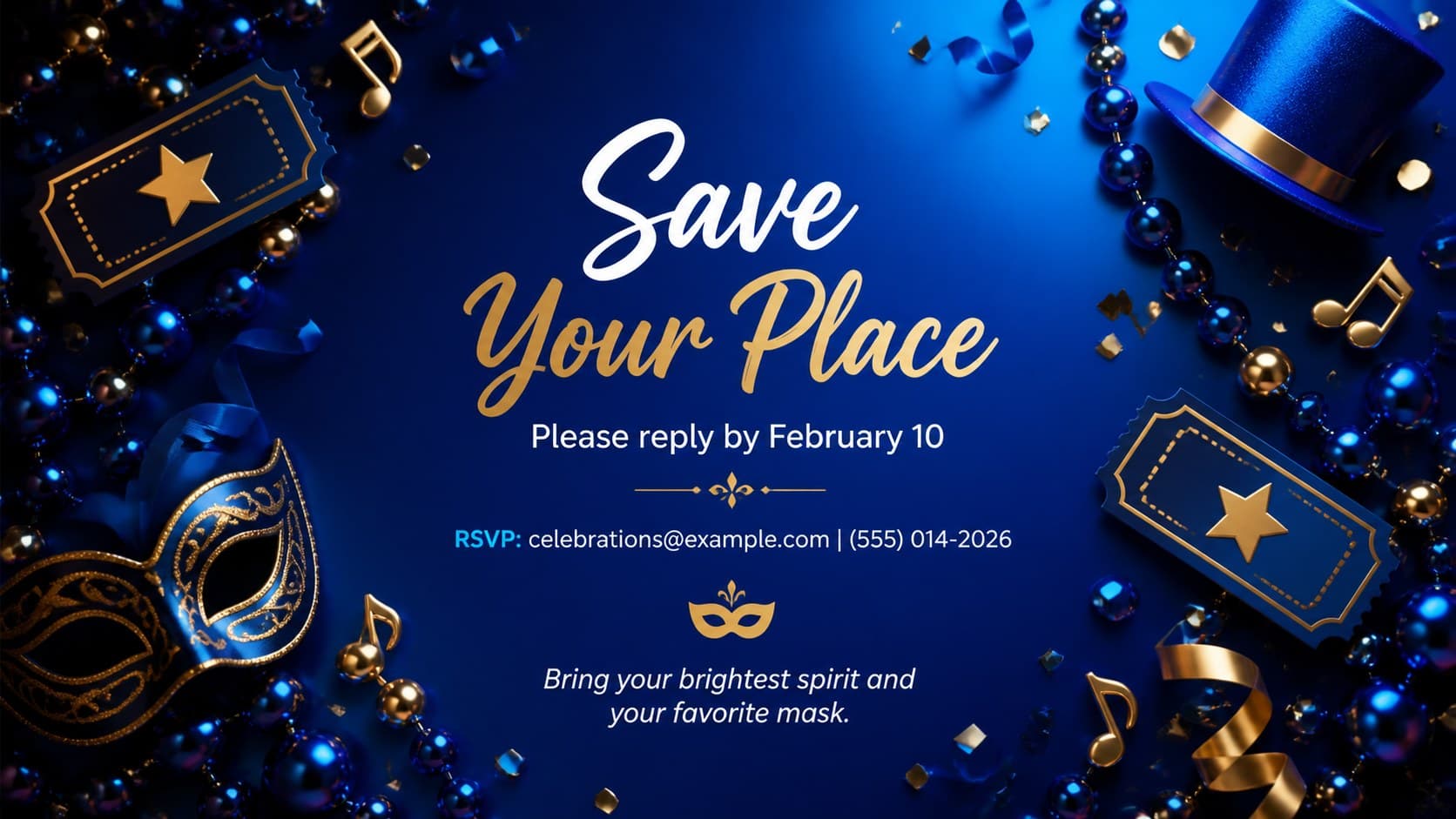 Fat Tuesday event announcement slide with RSVP information, blue 3D confetti, beads, and a closing message.
