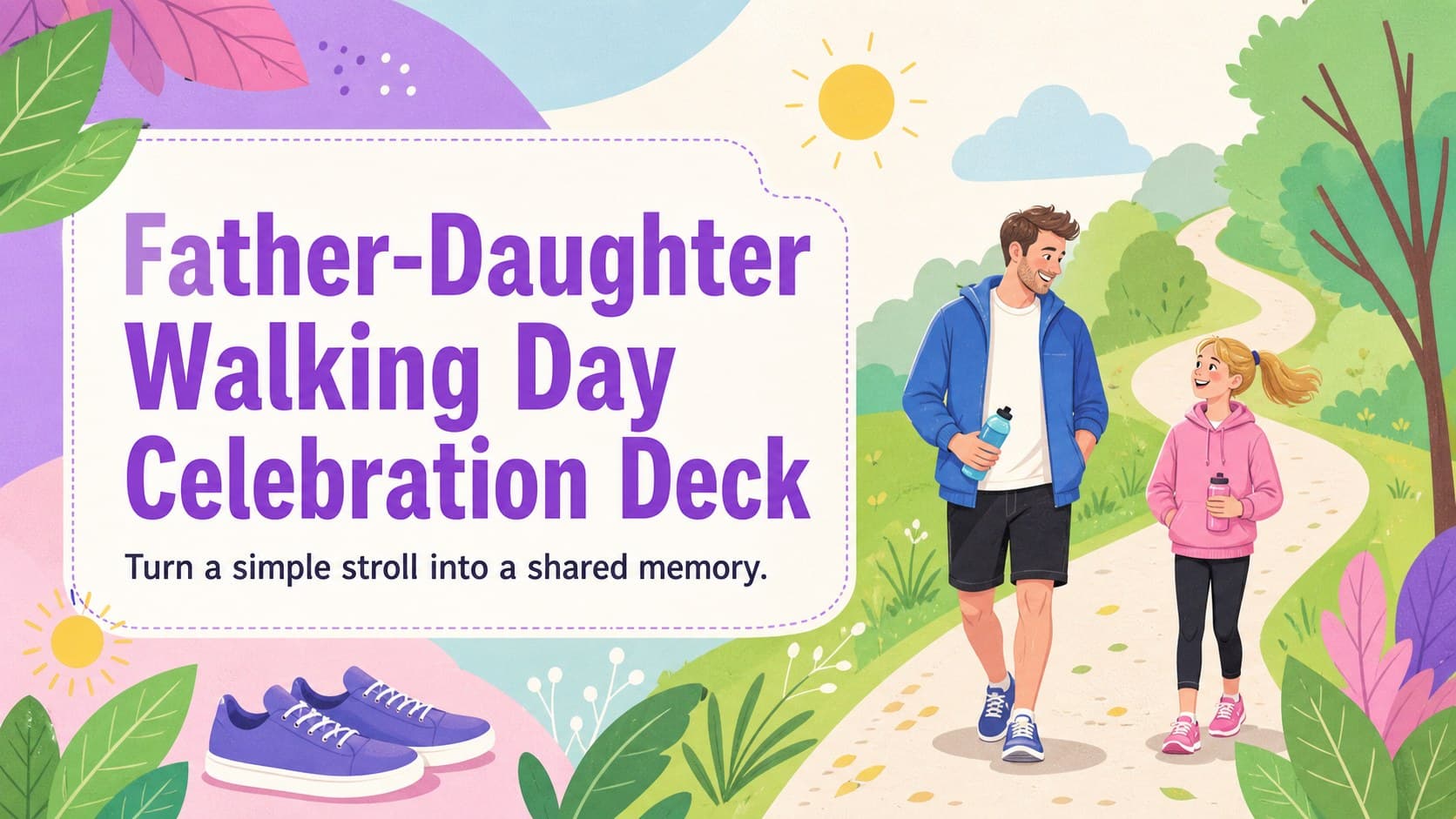 Colorful cover for a Father-Daughter Walking Day Celebration Deck with an original parent and child illustration.