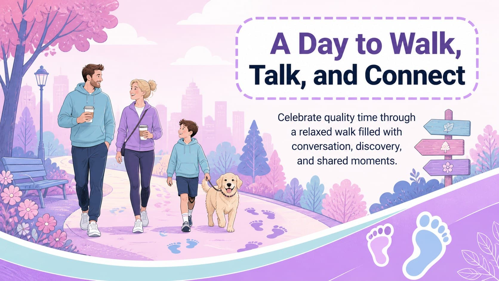 Illustrated welcome slide introducing a father-daughter walking day celebration and its family bonding purpose.