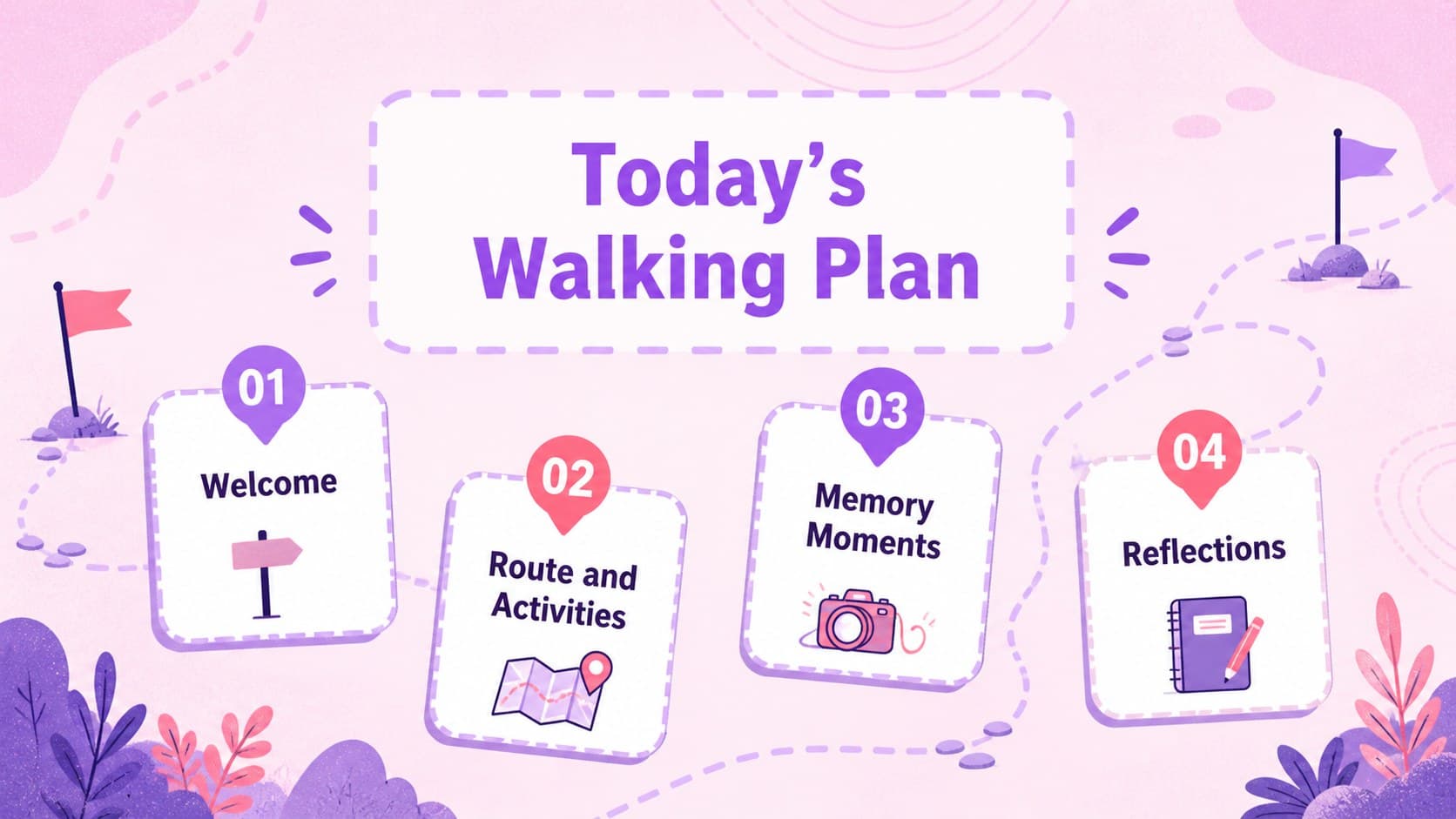 Colorful family walking event slides agenda with planning, activities, memories, and safety topics.