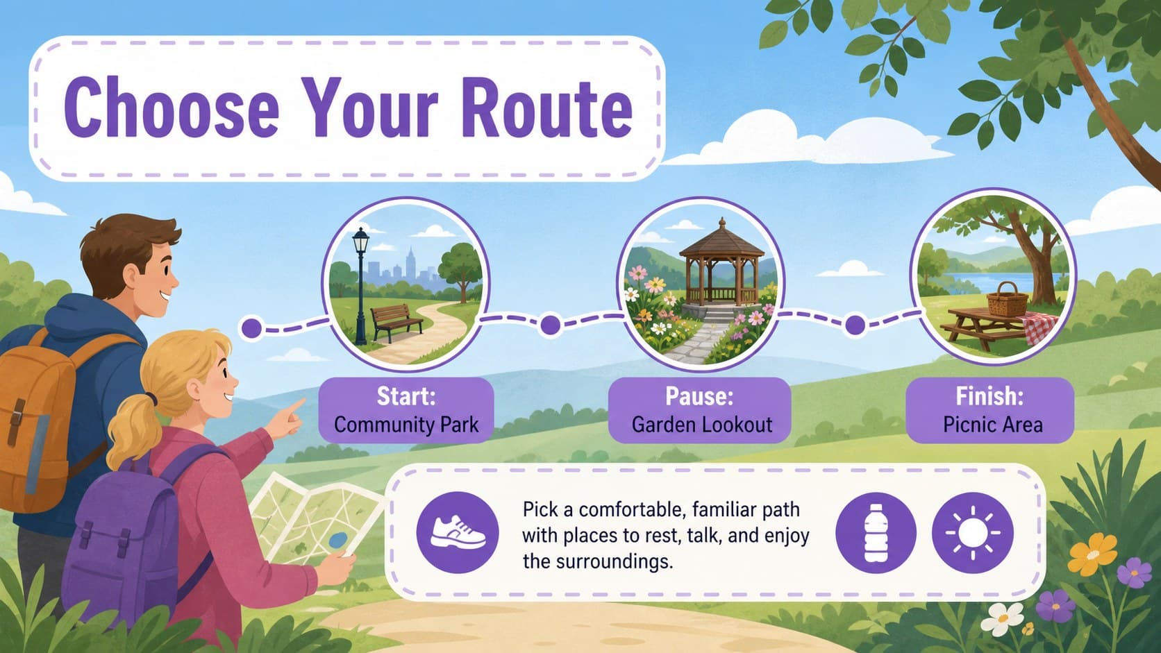 Family walk presentation slide with a simple route plan and illustrated neighborhood landmarks.