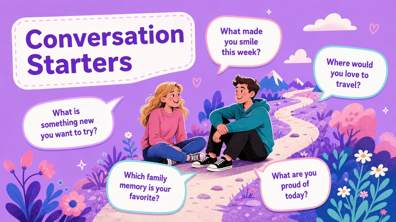 Parent-child outdoor activity template featuring conversation prompts for a meaningful walk.