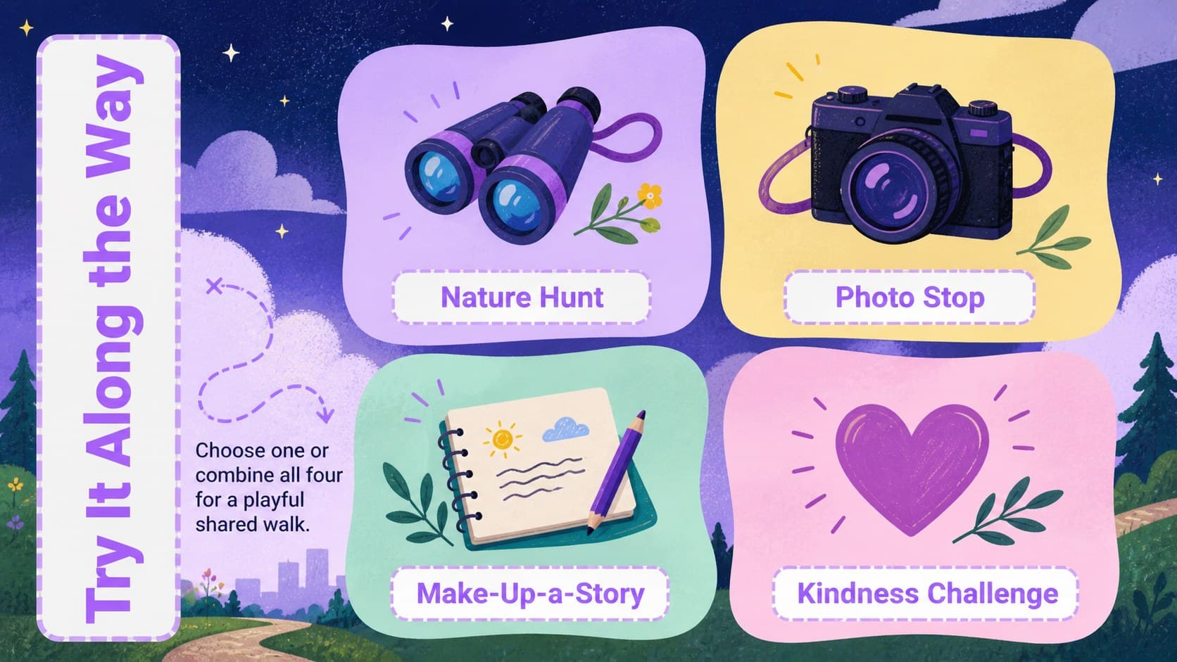 Illustrated walking day activity slide with a nature hunt, photo stop, story game, and kindness challenge.
