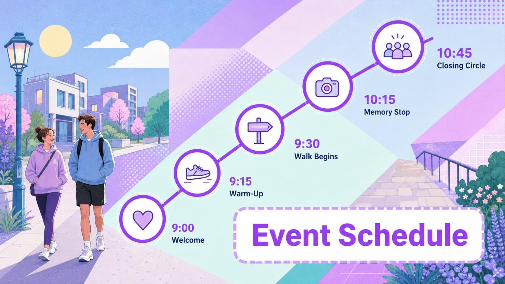 Community family walk presentation slide showing a clear event schedule from welcome to closing.
