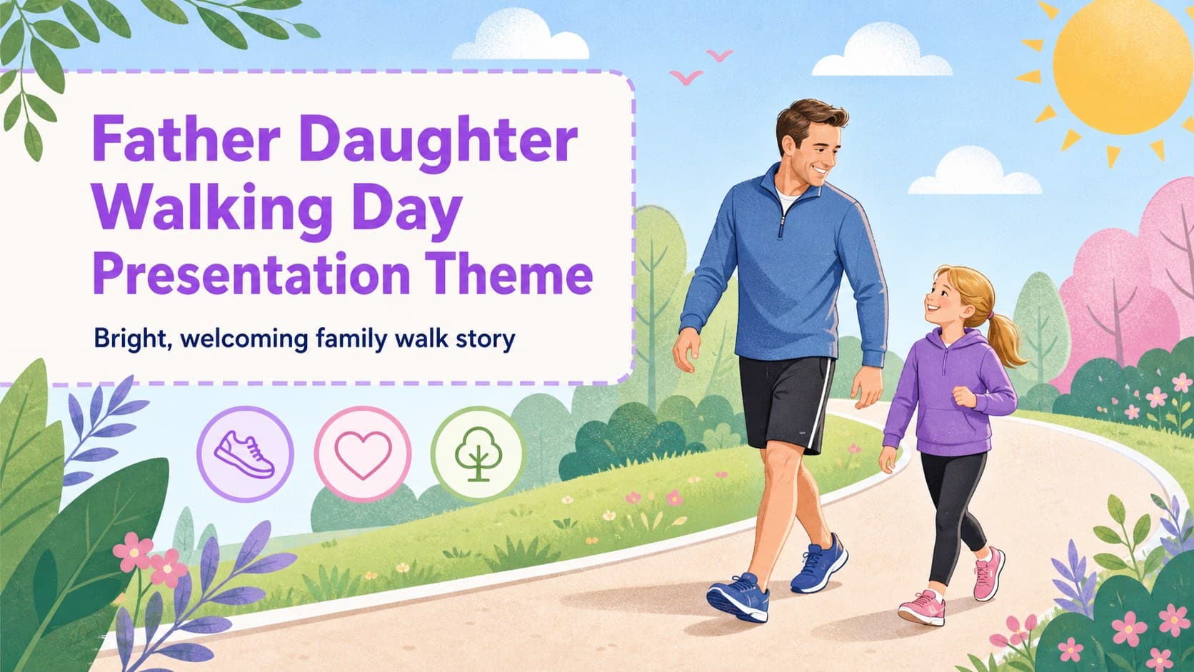 Colorful illustrated cover for a father daughter walking day presentation theme with a warm family activity scene.