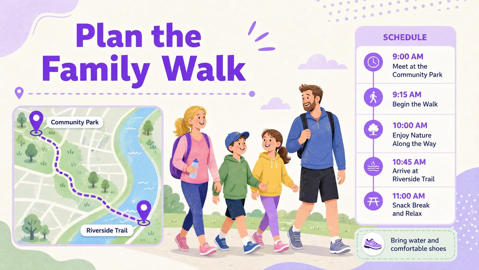 Family walking event announcement slide with an illustrated route, schedule details, and bright community presentation design.