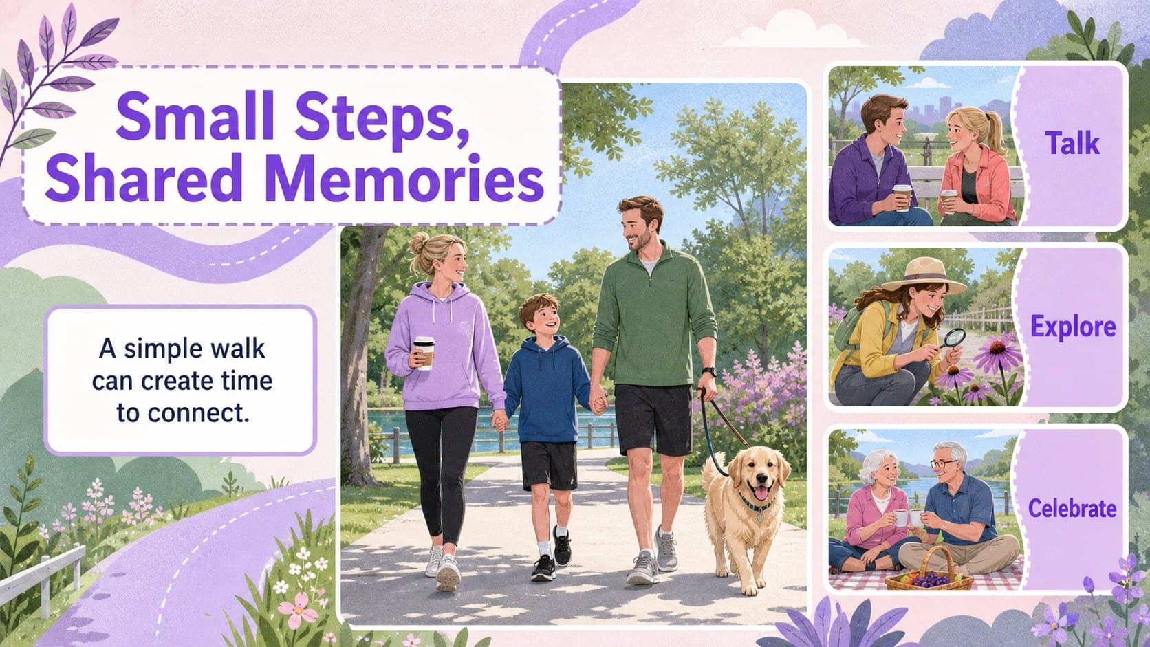 Illustrated father daughter activity presentation slide showing shared walking moments and family wellness highlights.