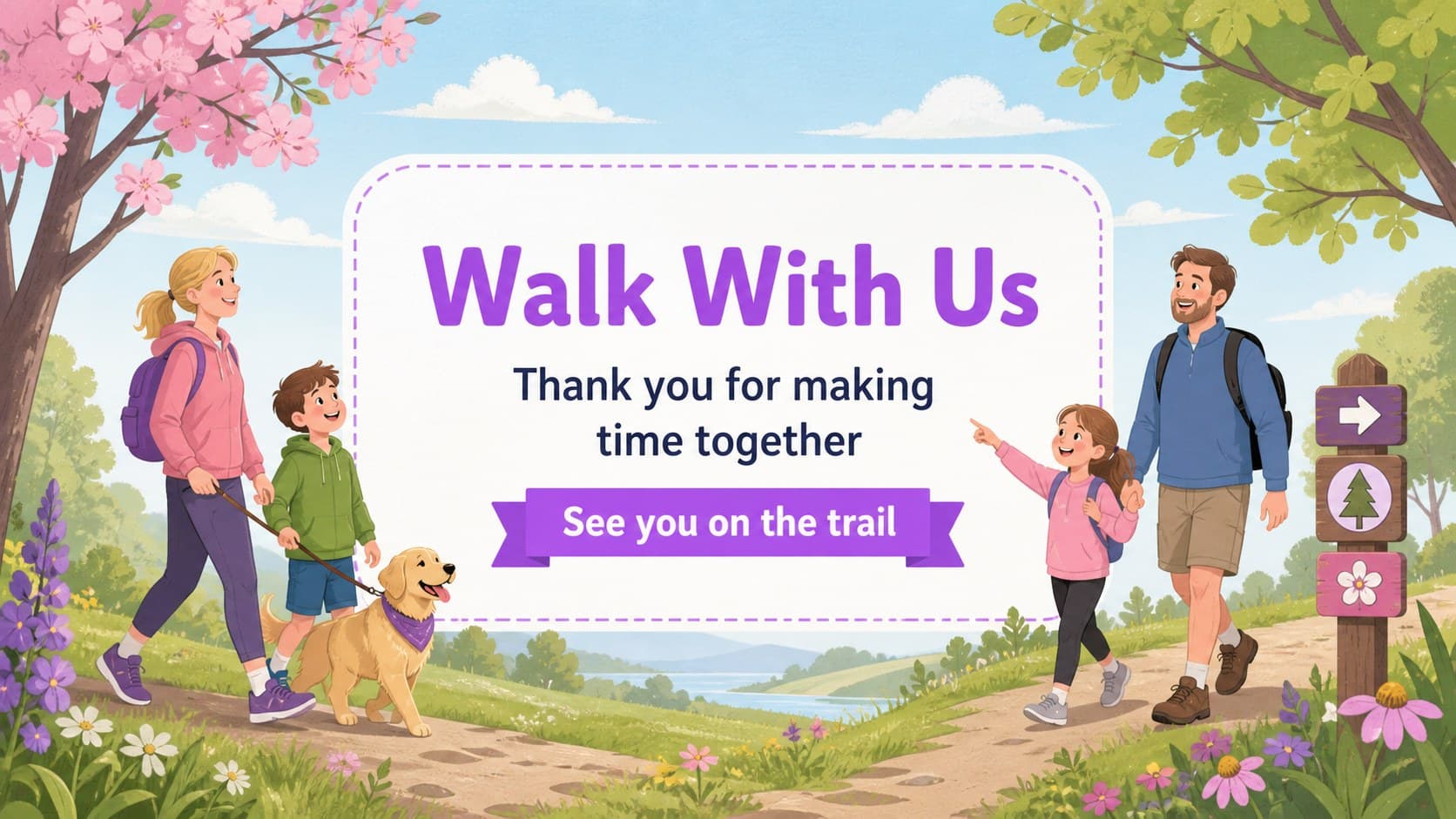Closing family day event slideshow slide with a colorful invitation, thank-you message, and illustrated outdoor setting.