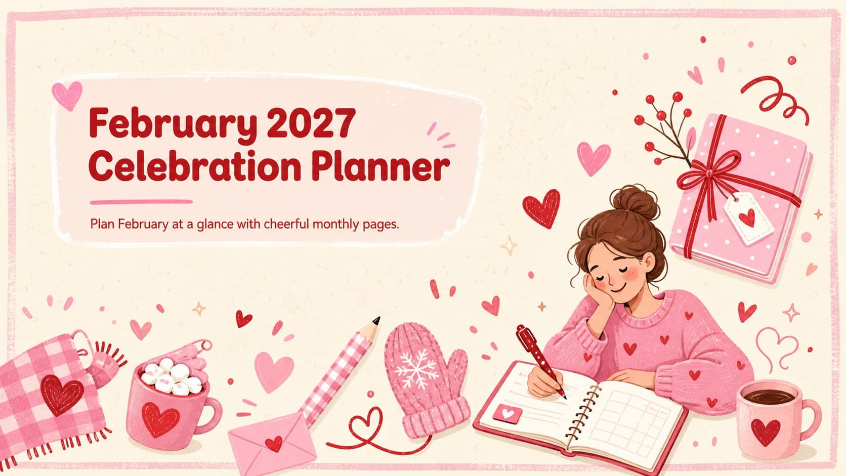 February 2027 celebration planner cover with pink and red seasonal doodles on a warm beige background.