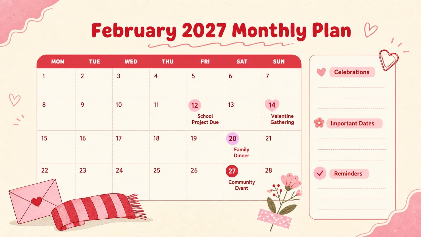 Editable February 2027 monthly calendar slide with a spacious date grid and colorful celebration markers.